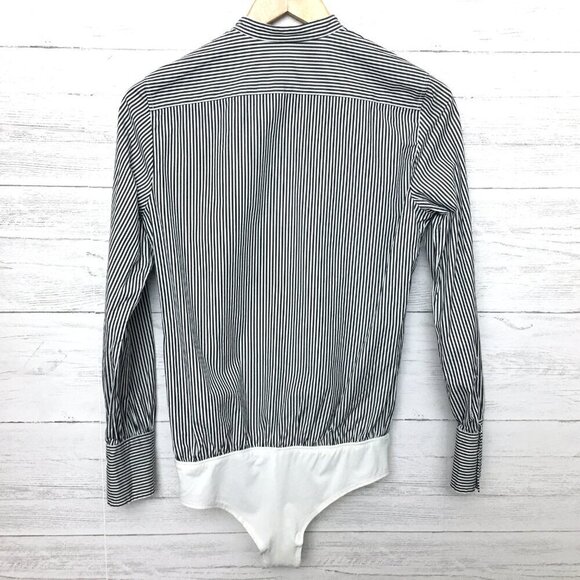 J. Crew Black White Stripe Shirt Stretch Tailored Perfect Bodysuit Long Sleeve 4 - Picture 3 of 9